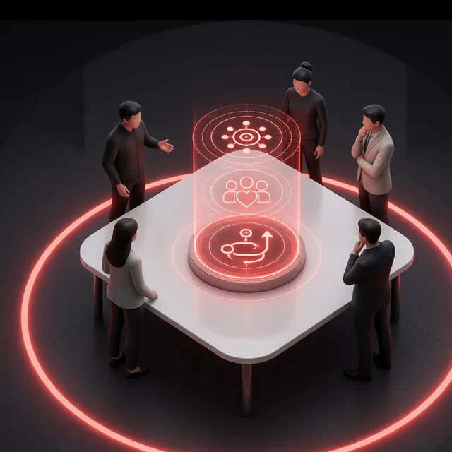 A strategy team around a table with a glowing coral hologram of audience and route icons