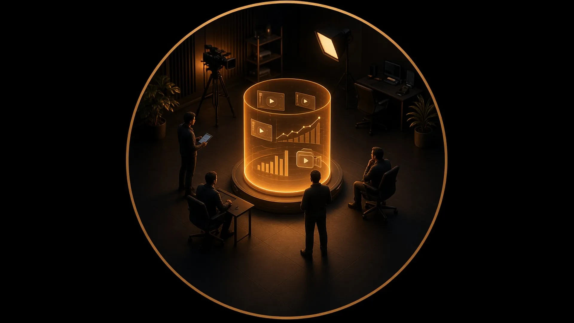 A content studio around a glowing hologram of videos and performance charts