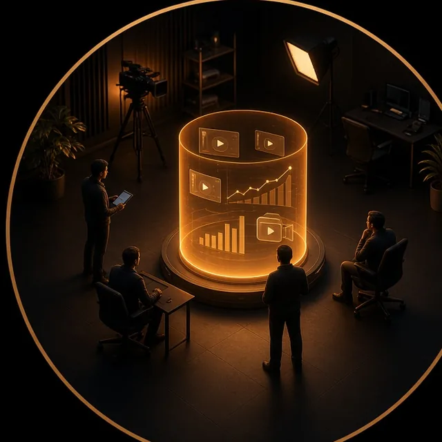 A production studio around a glowing amber hologram of videos and rising performance charts