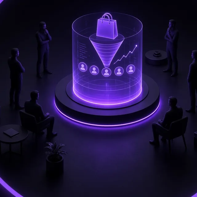 A team around a glowing violet hologram of a shopping funnel turning viewers into customers
